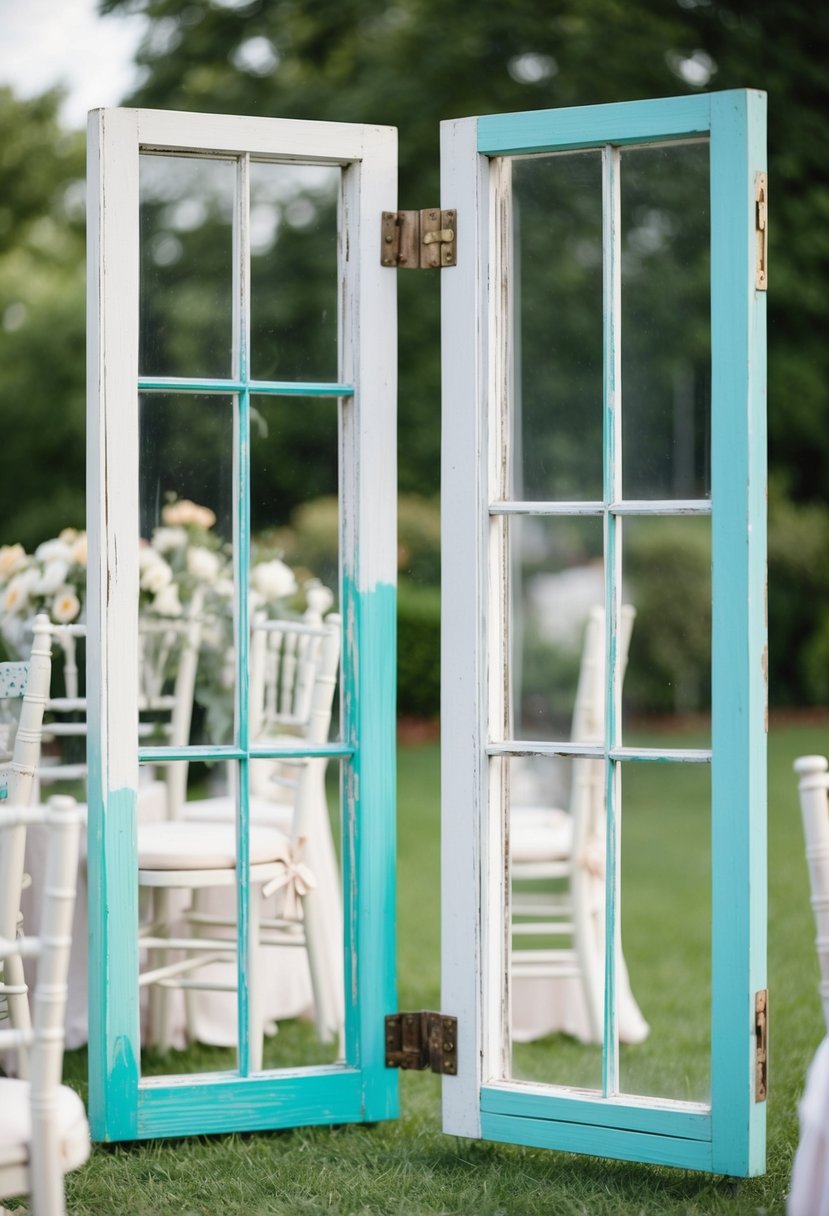 Hand-painted vintage windows frame seating at a shabby chic wedding, adding a whimsical touch to the outdoor setting