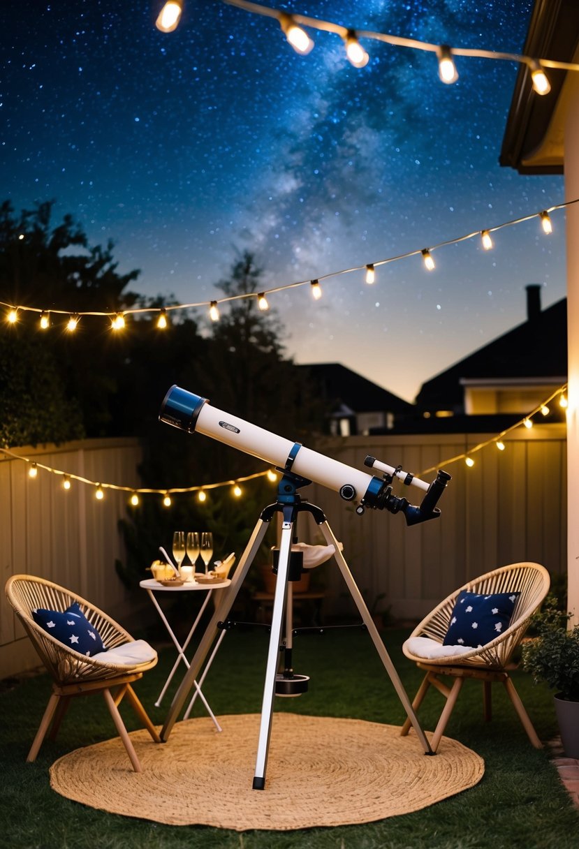 A cozy backyard with a telescope set up under a starry night sky, surrounded by twinkling string lights and a small table with champagne and snacks