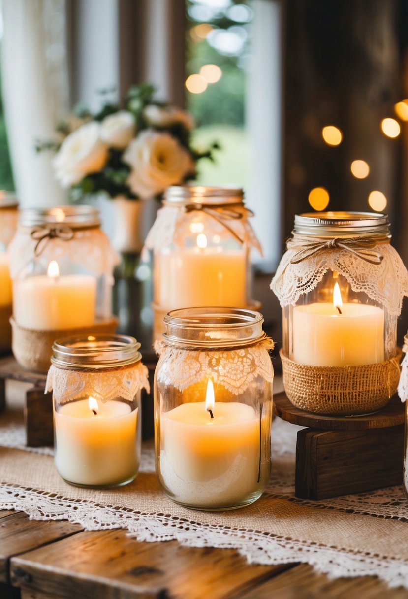 Mason jars filled with candles, adorned with lace and burlap, arranged on a rustic wooden table for a shabby chic wedding