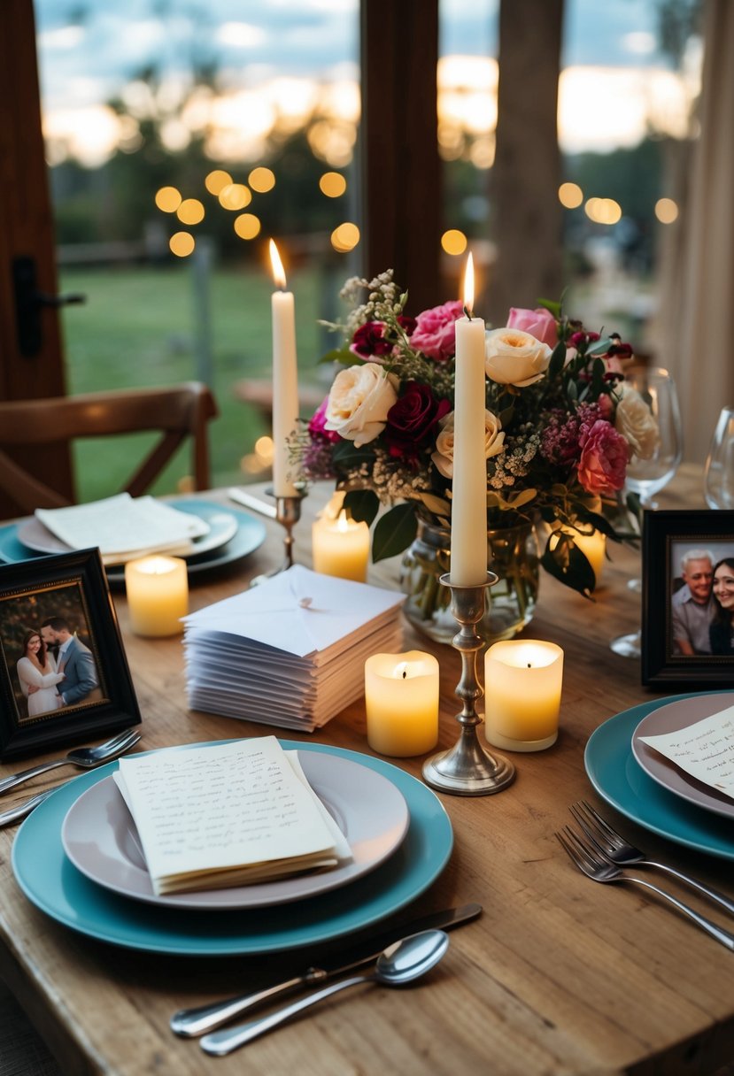 A cozy table set for two, adorned with flowers and candles. A stack of love letters rests beside the plates, surrounded by framed photos of cherished memories