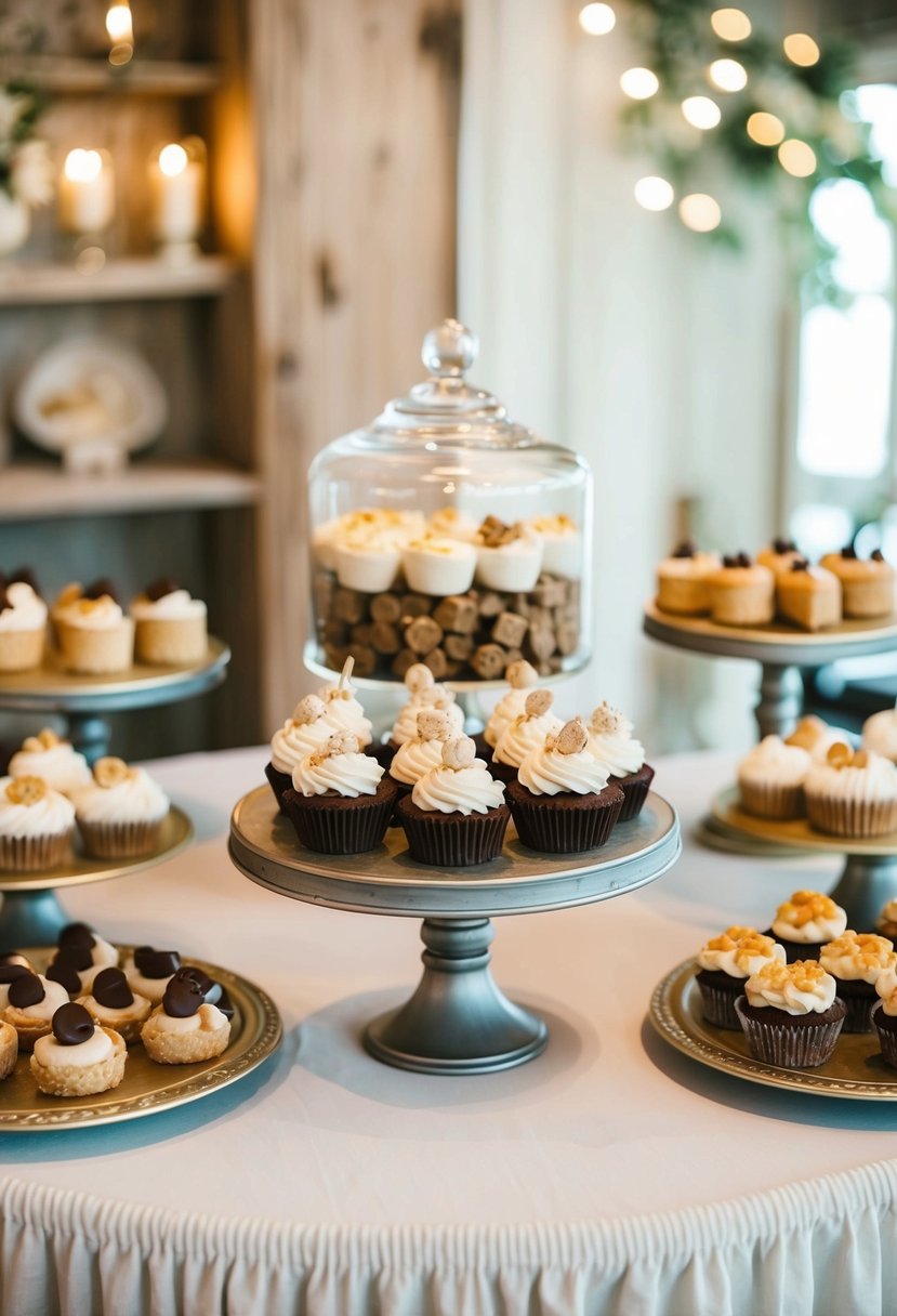 A dessert bar adorned with rustic homemade treats, set in a shabby chic wedding venue