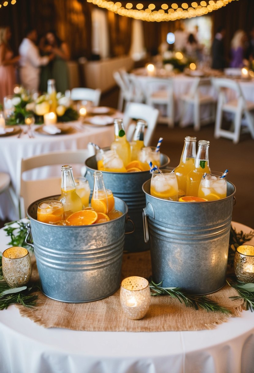 Galvanized tubs filled with drinks, surrounded by rustic decor and shabby chic accents at a wedding reception