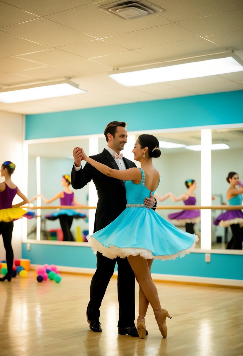 A couple gracefully waltzing in a brightly lit dance studio, surrounded by mirrors and colorful dance props