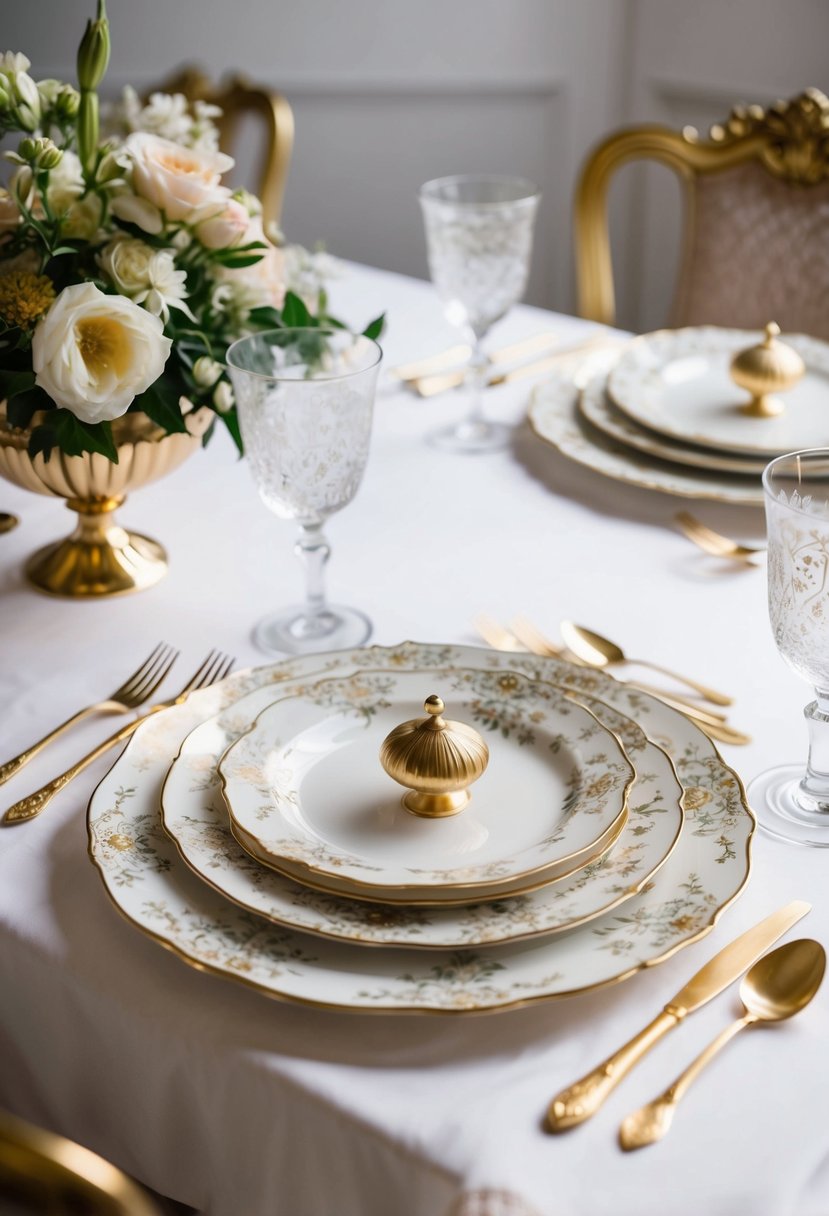 A table set with elegant and ornate dinnerware, featuring delicate floral patterns and gold accents, arranged in a romantic and sophisticated manner