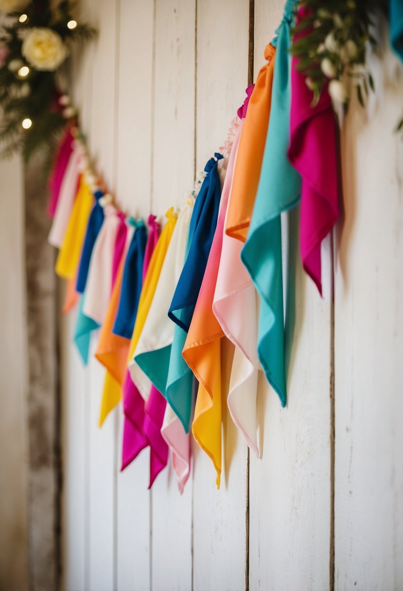 Colorful fabric bunting drapes along shabby chic wedding walls, adding a festive touch to the rustic decor