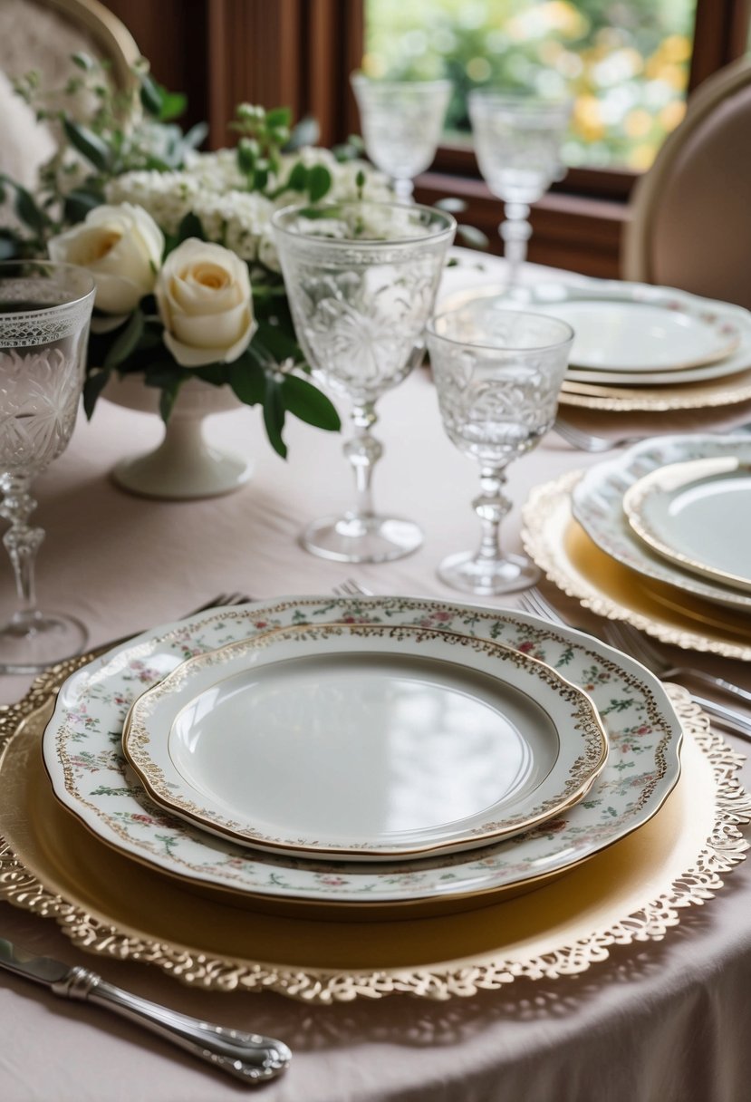 A table set with vintage chic plates adorned with delicate lace patterns