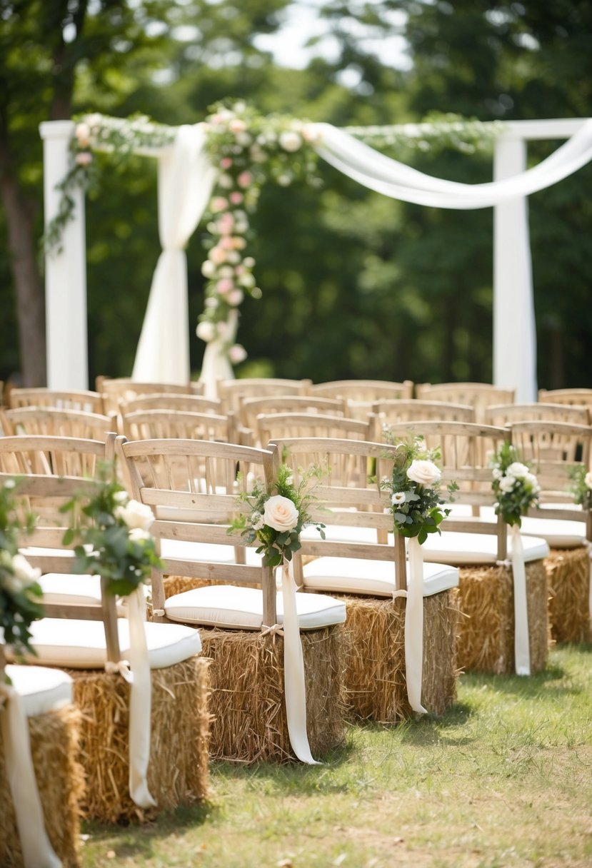 An outdoor ceremony with hay bale seating, adorned with shabby chic decor and surrounded by nature