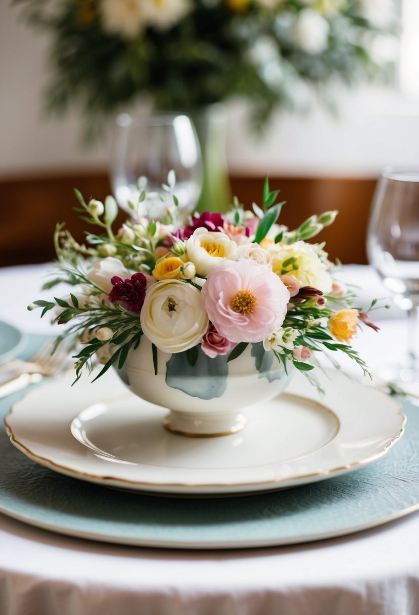 A delicate floral bouquet painted in watercolor on a ceramic dinner plate