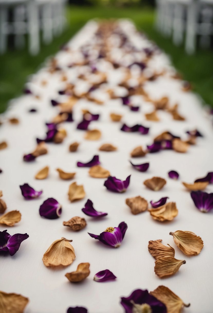 Dried flower petals scattered along a shabby chic wedding aisle