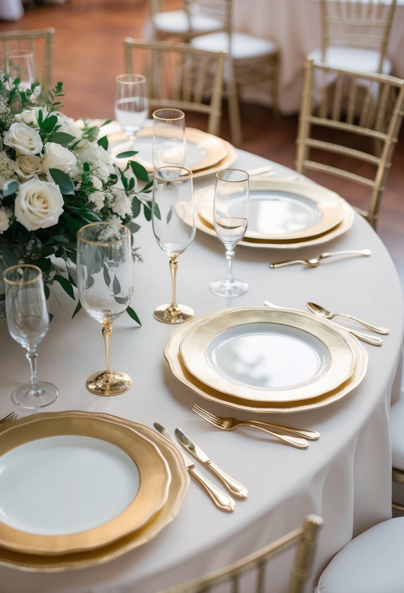 A table set with elegant gold-rimmed classic plates for a wedding reception