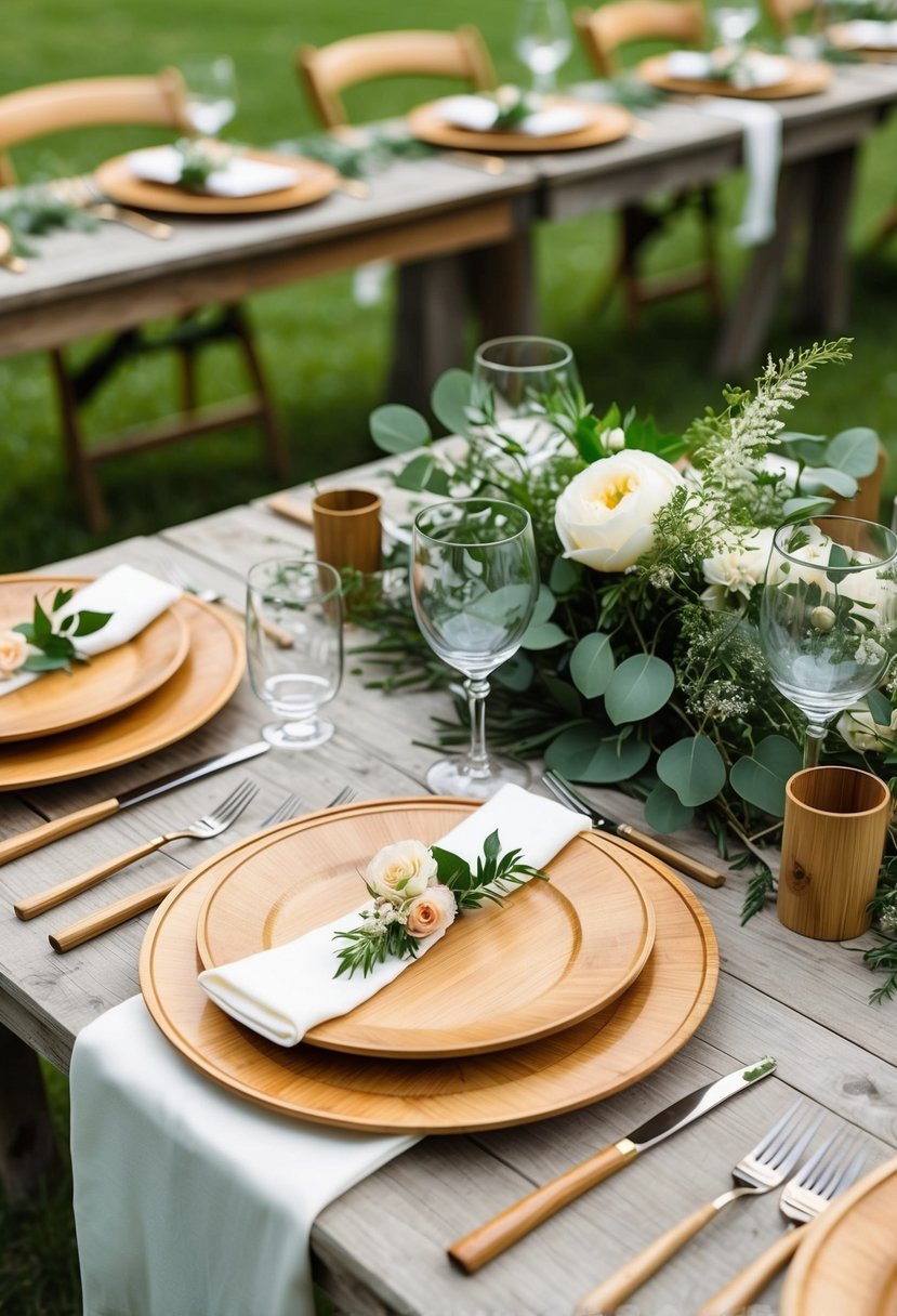 A rustic outdoor wedding table set with bamboo plates, adorned with greenery and flowers