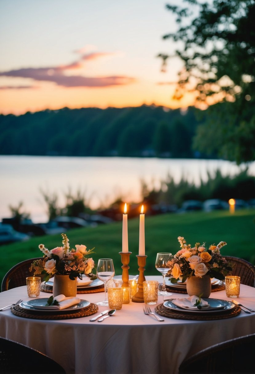 A cozy table set for two, adorned with flowers and candles, overlooking a serene lakeside at sunset