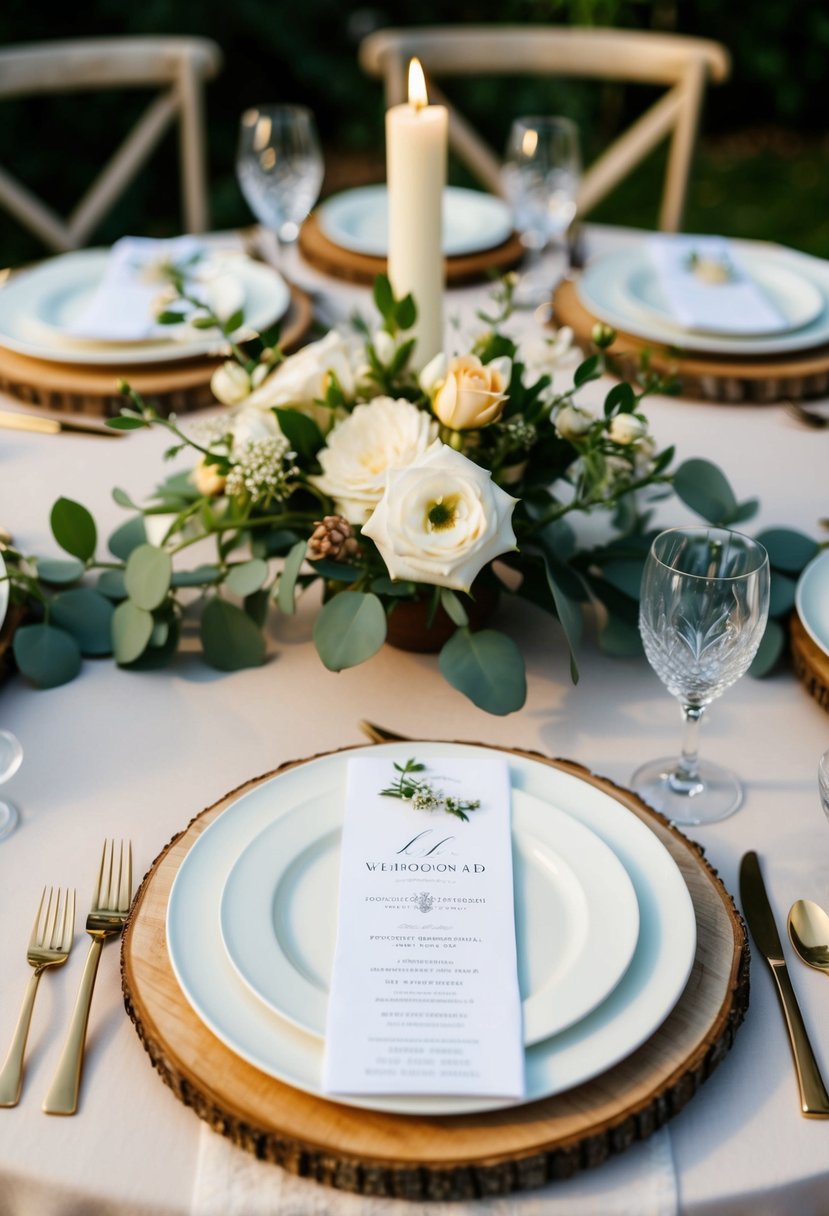 A table set with rustic wooden chargers, adorned with elegant wedding plates and delicate floral centerpieces