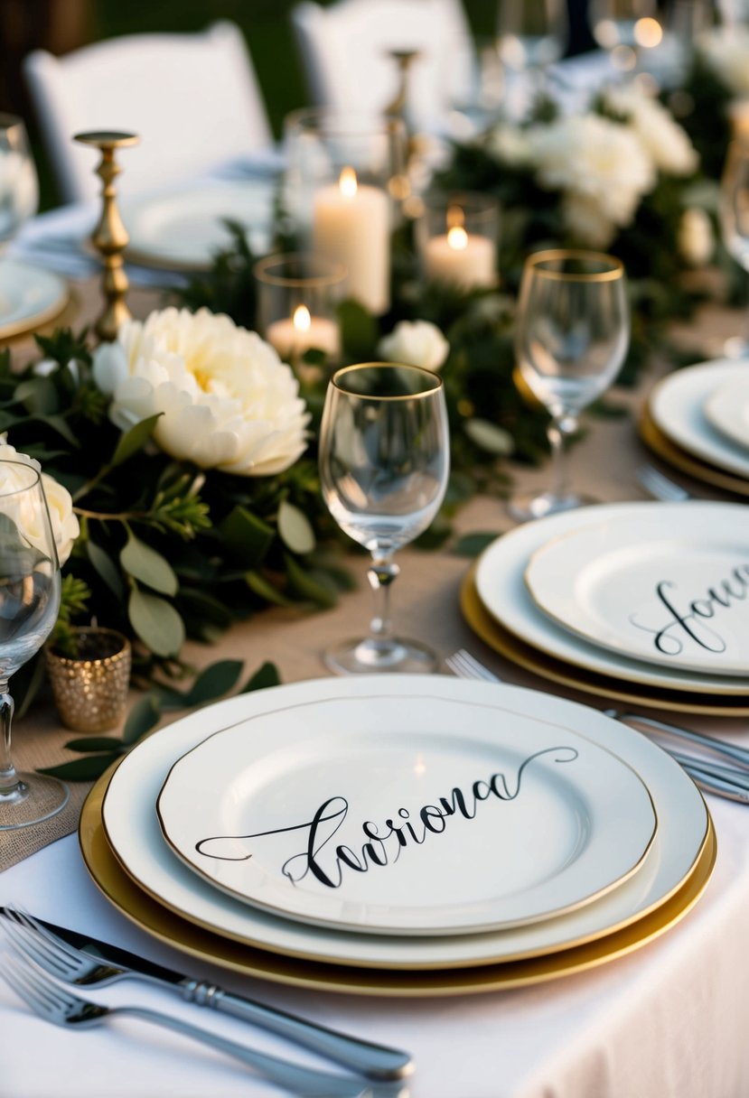 A table set with personalized hand-painted plates, each adorned with a different guest's name in elegant calligraphy