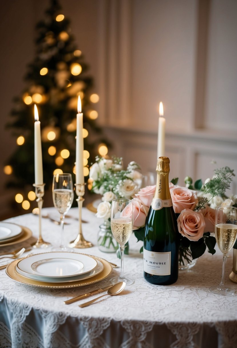 A candlelit table set with fine china, a bouquet of roses, and a bottle of champagne on a lace tablecloth, with soft music playing in the background