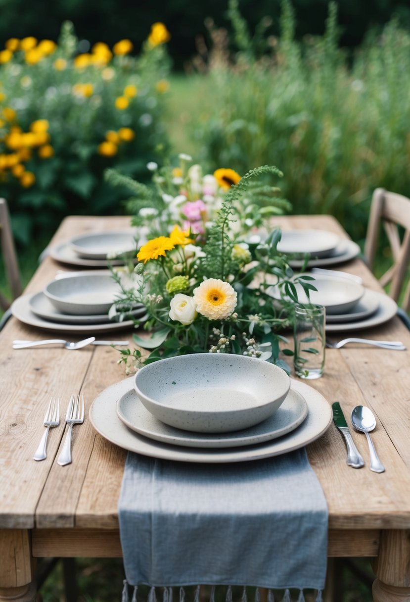 A weathered wooden table set with rustic stoneware plates, surrounded by farm-fresh flowers and greenery