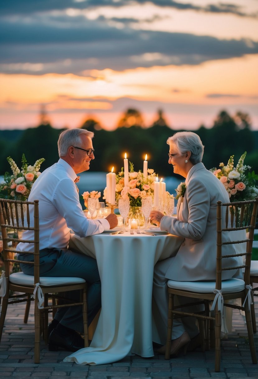 A couple sits at a candlelit table, surrounded by flowers and soft music, to celebrate their 52nd wedding anniversary