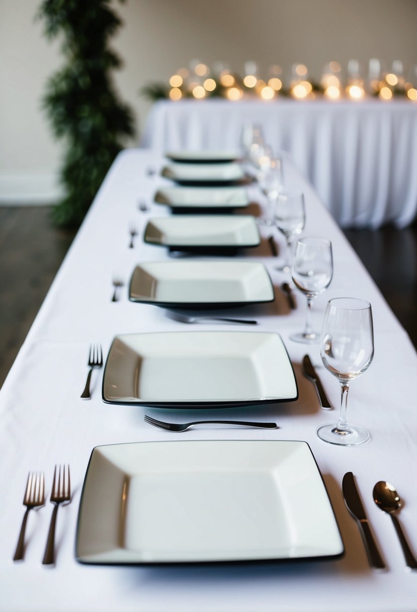 A table set with clean, modern white square plates, arranged in a minimalist wedding reception setting