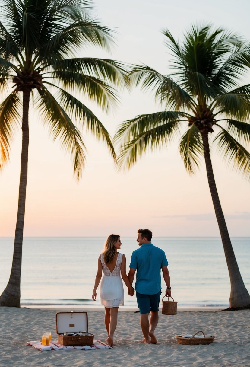 A couple walking on a secluded beach at sunset, surrounded by palm trees and a calm ocean, with a picnic set up on the sand