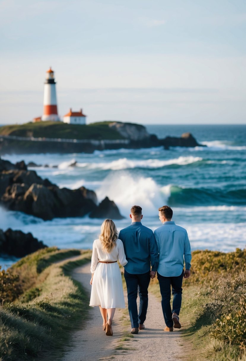 A couple walks along a scenic coastal path, with waves crashing against the rocks and a lighthouse in the distance