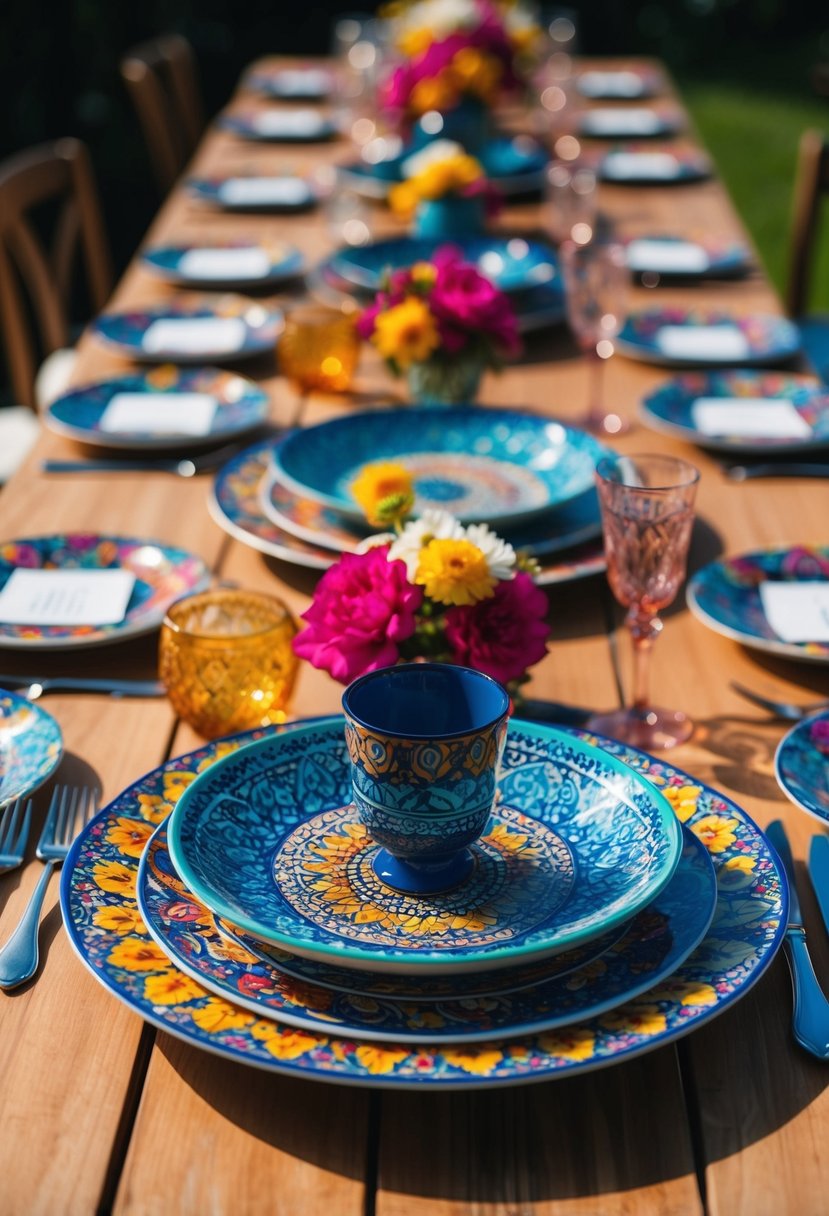 Vibrant, bohemian-inspired dinnerware arranged on a table, featuring colorful patterns and intricate designs perfect for a wedding celebration