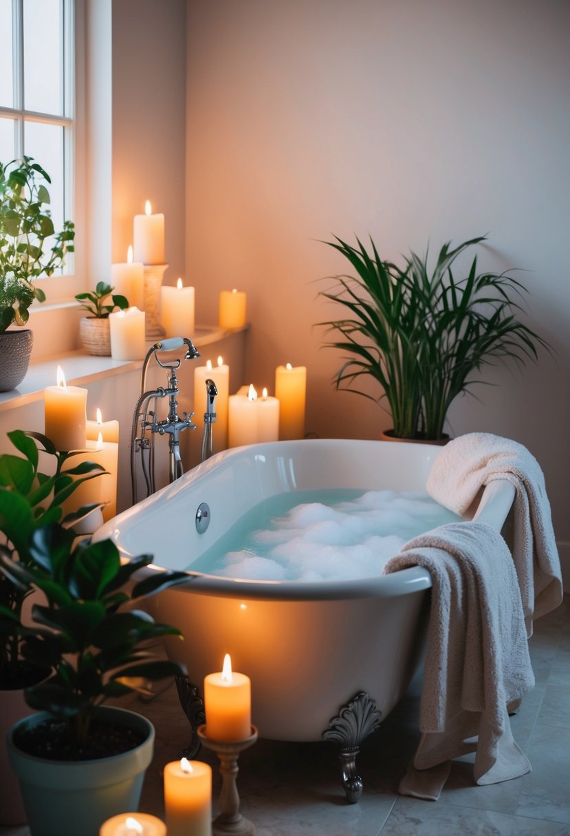 A serene bathroom with flickering candles, fluffy towels, and a bubbling bath surrounded by potted plants and soothing music