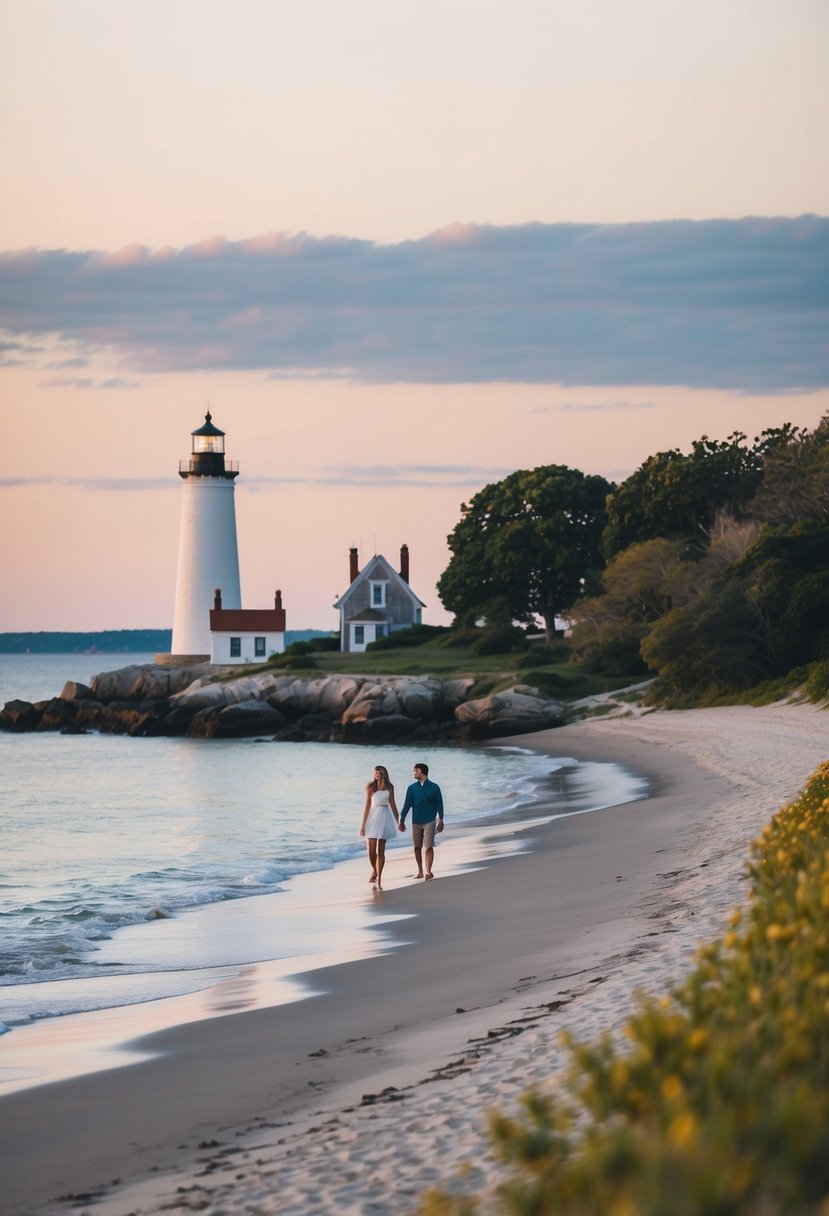 A serene beach at Martha's Vineyard, with a picturesque lighthouse in the distance, and a couple walking hand in hand along the shore