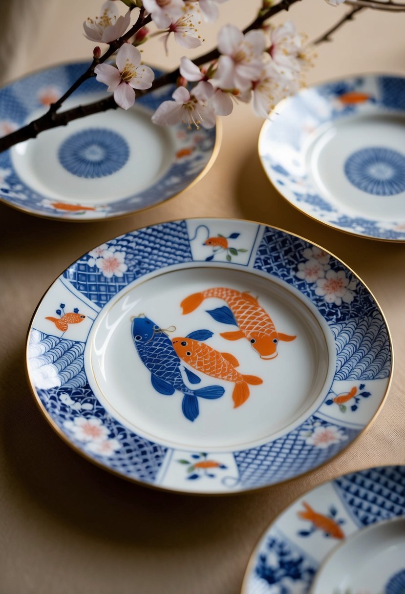 A set of delicate porcelain plates adorned with intricate Japanese-inspired designs, featuring cherry blossoms, koi fish, and traditional geometric patterns