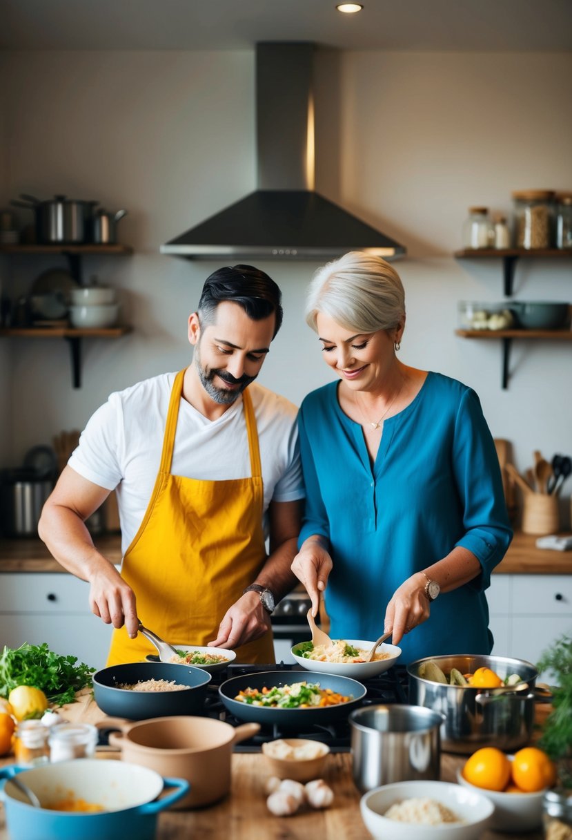 A couple prepares a meal together, surrounded by a cluttered kitchen counter filled with ingredients, pots, and pans. They follow a new recipe for their 52nd wedding anniversary