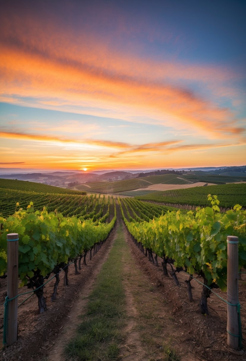 A vineyard in Napa Valley, California with rolling hills, lush grapevines, and a picturesque sunset over the horizon