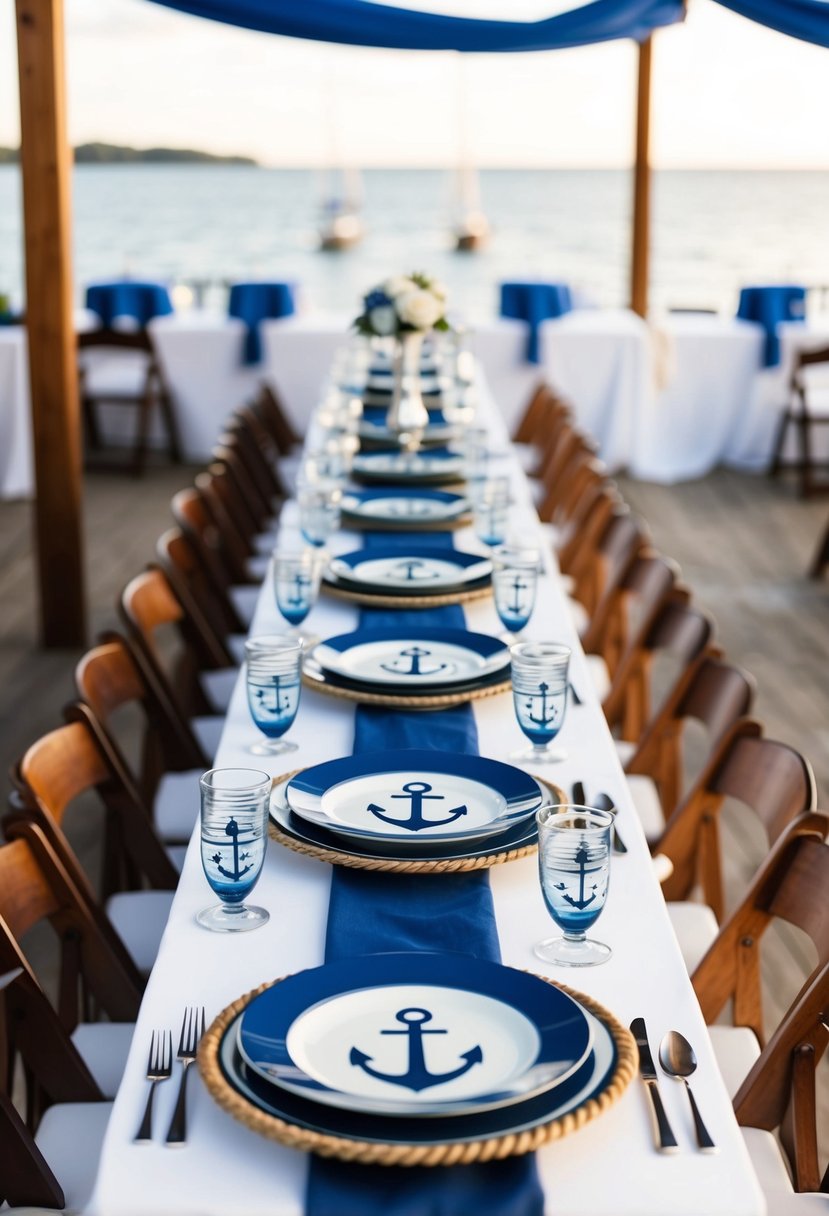 A table set with blue and white nautical-themed plates, adorned with anchors and sailboats, creating a maritime atmosphere for a wedding celebration