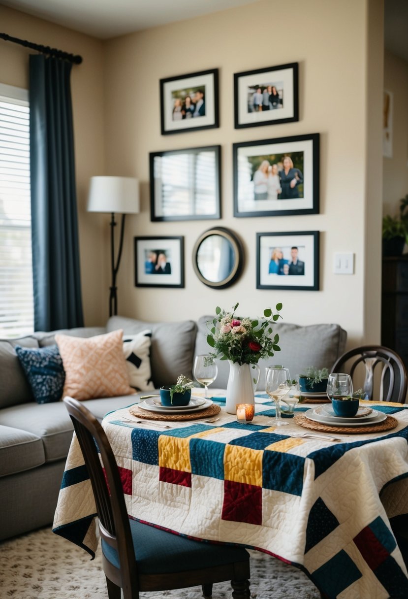 A cozy living room with framed photos, a handmade quilt, and a table set with a special anniversary dinner