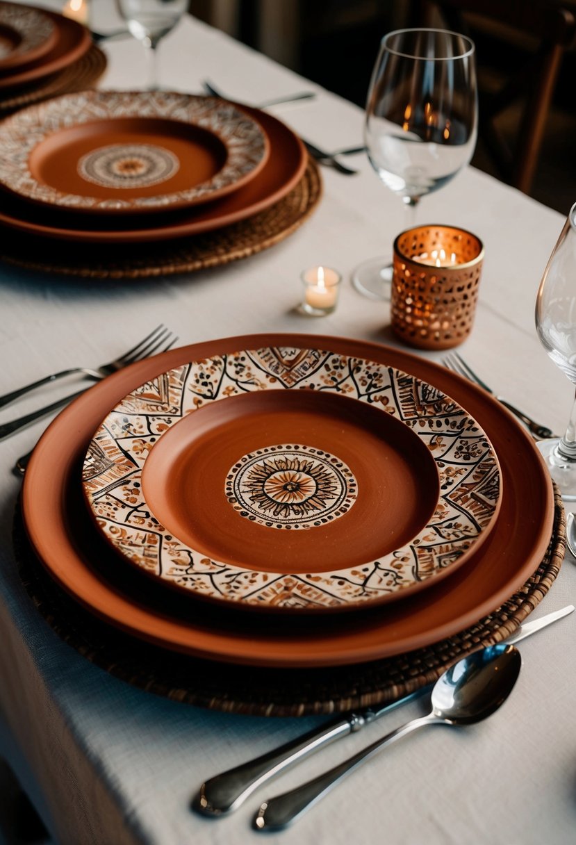 A rustic table setting with handcrafted terracotta plates, adorned with intricate patterns and earthy tones, creating a warm and inviting ambiance for a wedding celebration