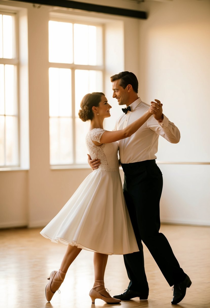 A couple gracefully waltzing in a sunlit dance studio