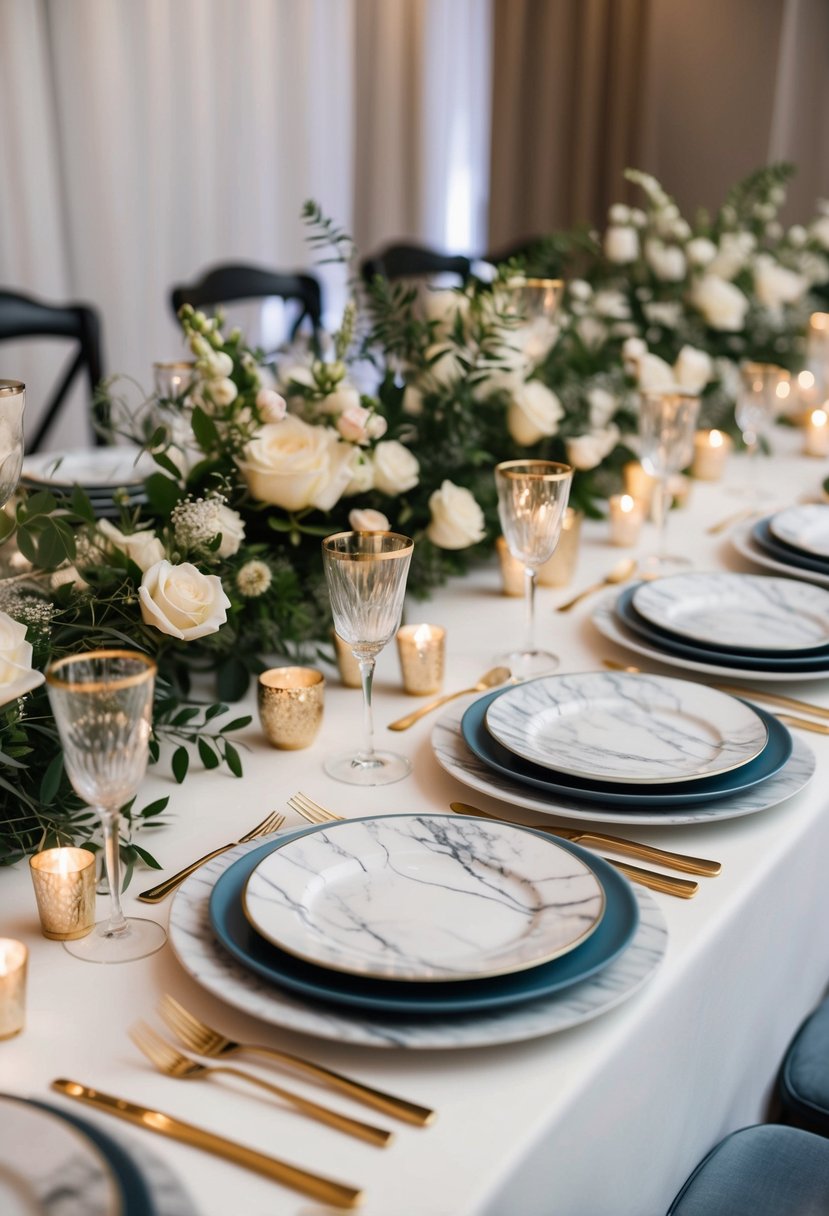 A table set with elegant marble-patterned plates, arranged in a stunning display for a wedding celebration