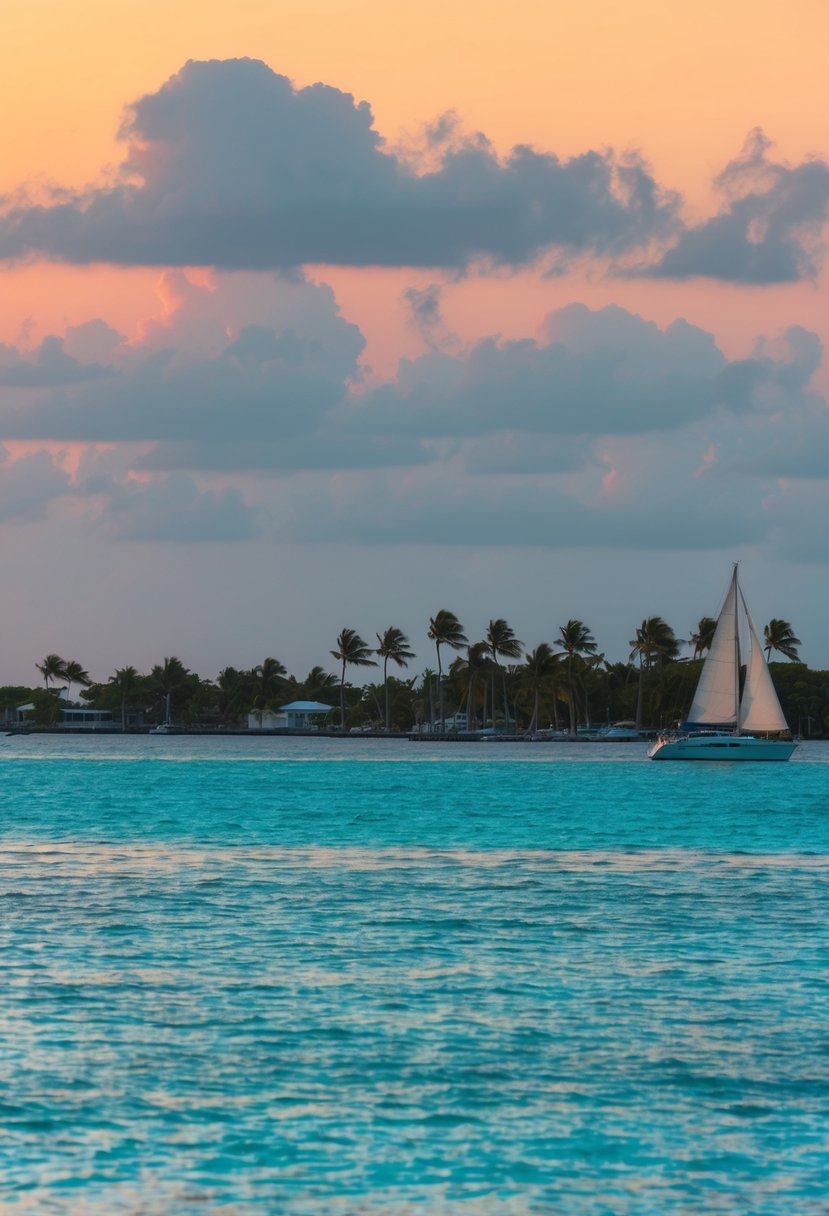 A serene sunset over the turquoise waters of Key West, with palm trees silhouetted against the sky and a sailboat gliding in the distance