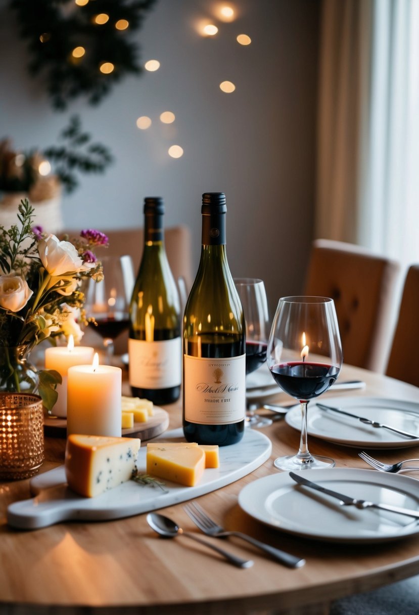 A table set with wine bottles, glasses, and cheese. Candles and flowers create a cozy atmosphere