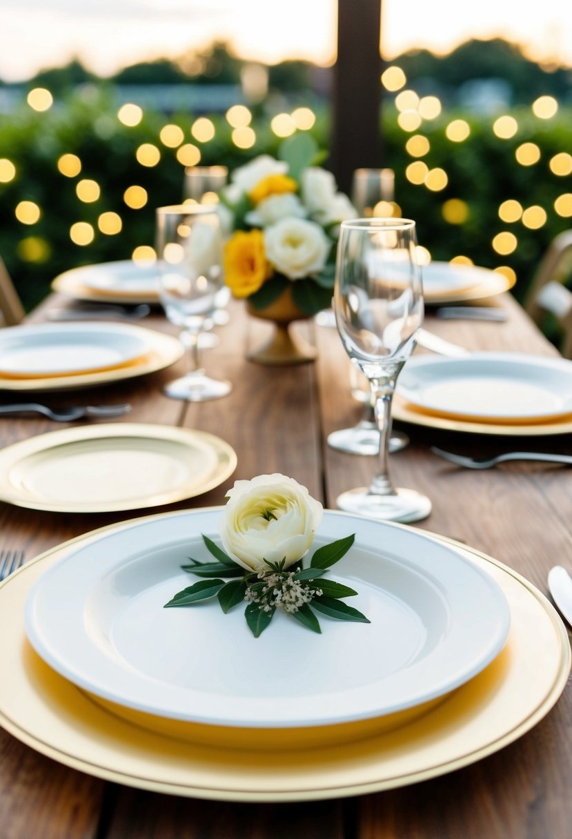 A table set with disposable elegant lookalike plates for a budget-savvy couples' wedding reception