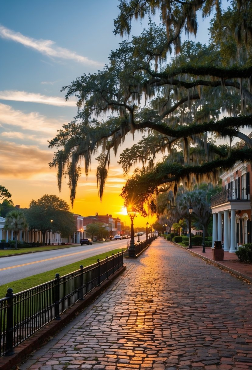 A picturesque sunset over the historic streets of Savannah, Georgia, with Spanish moss-draped oak trees and cobblestone paths