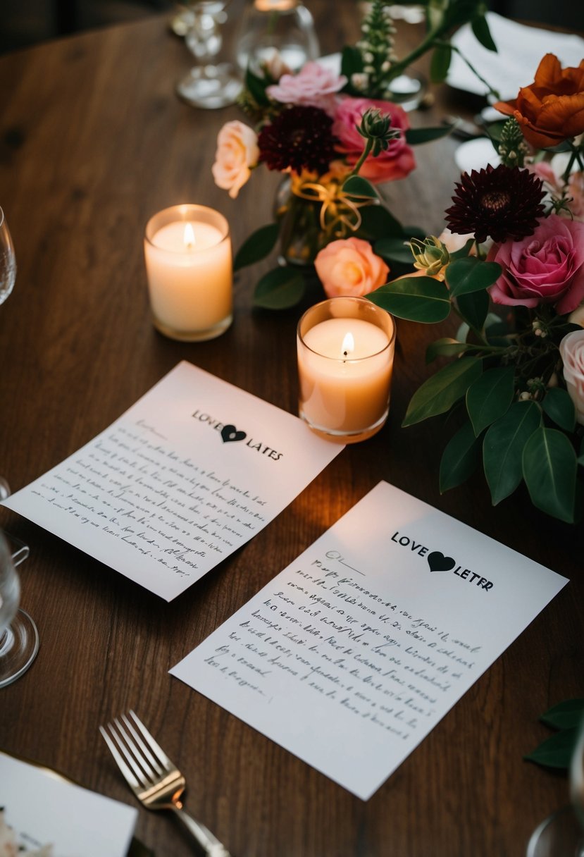 A table set with two handwritten love letters, surrounded by candles and flowers