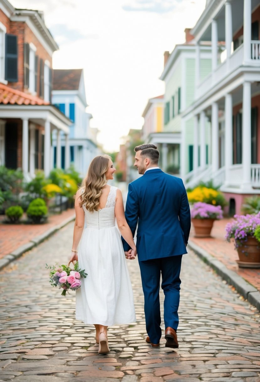 A couple strolling along the cobblestone streets of historic Charleston, passing by colorful antebellum houses and blooming gardens