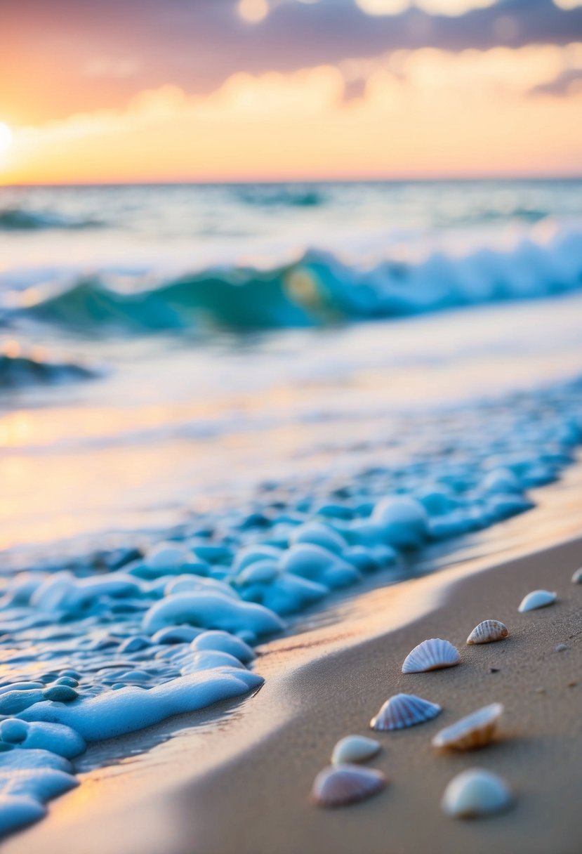 A serene beach with a colorful sunrise, gentle waves, and seashells scattered along the shore