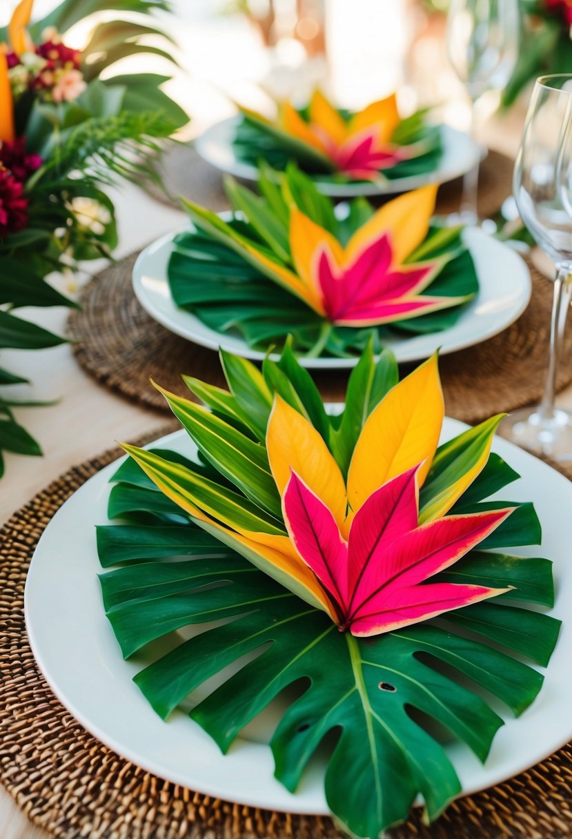 Vibrant tropical leaves arranged on white plates for a summer wedding reception