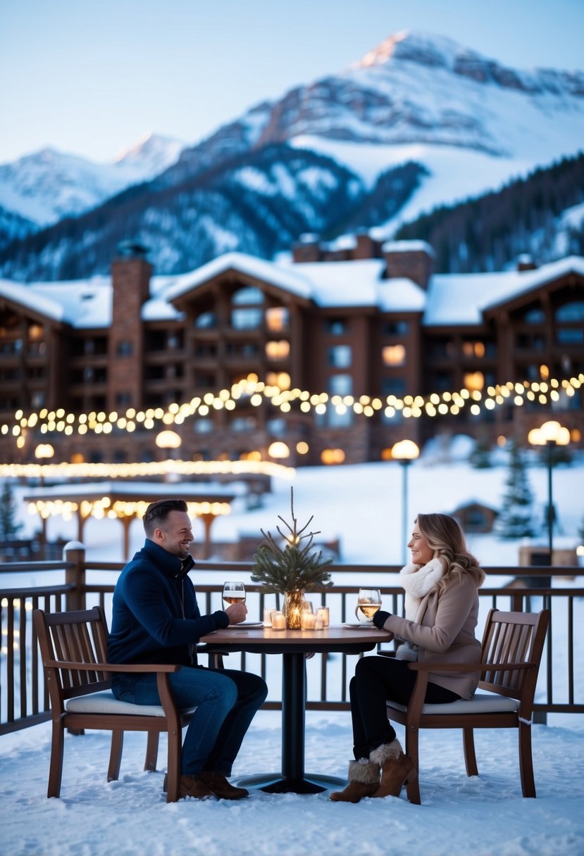 A couple sits at a cozy table in a snow-covered Aspen resort, surrounded by twinkling lights and mountain views