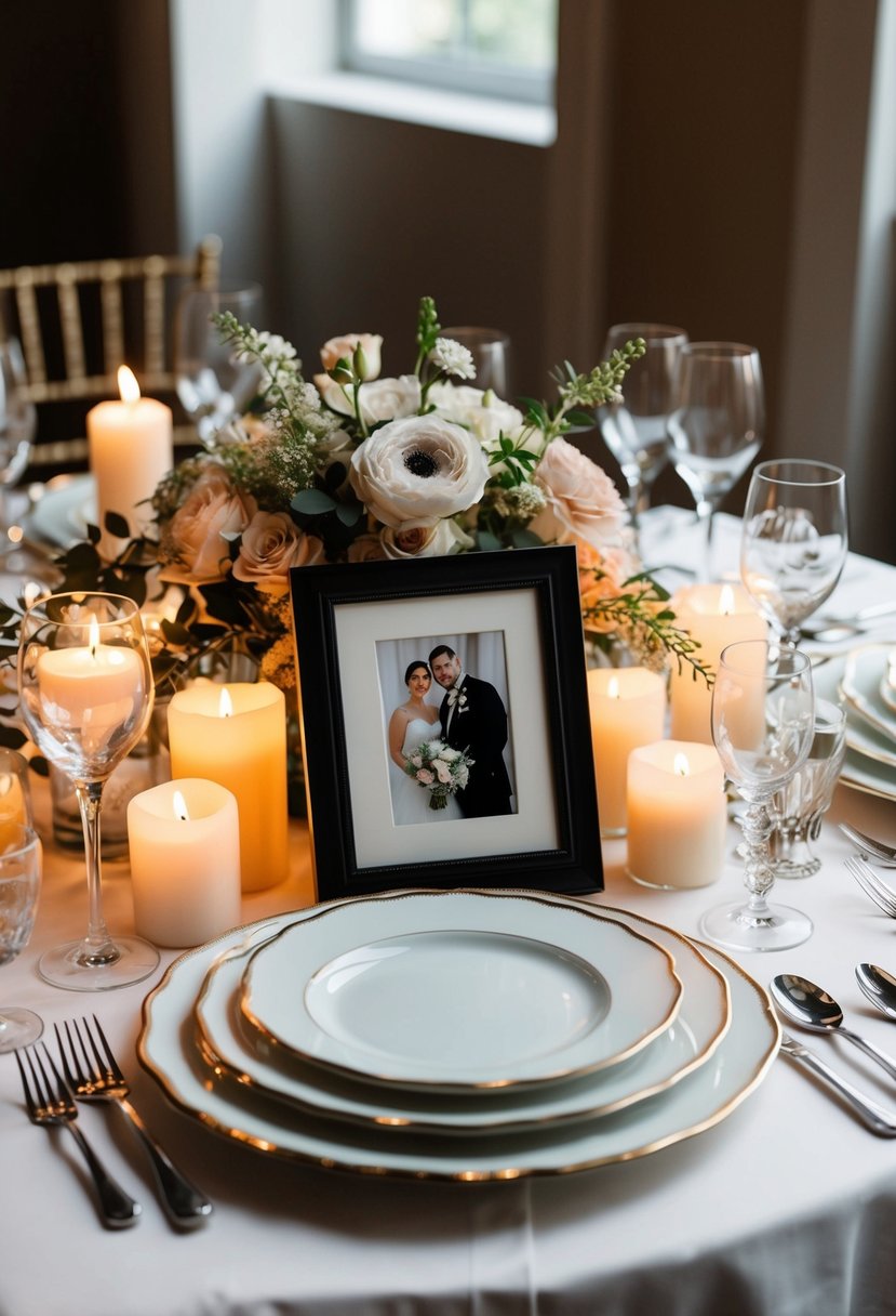 A table set with elegant dinnerware, surrounded by flickering candles and a vase of fresh flowers, with a framed wedding photo as the centerpiece