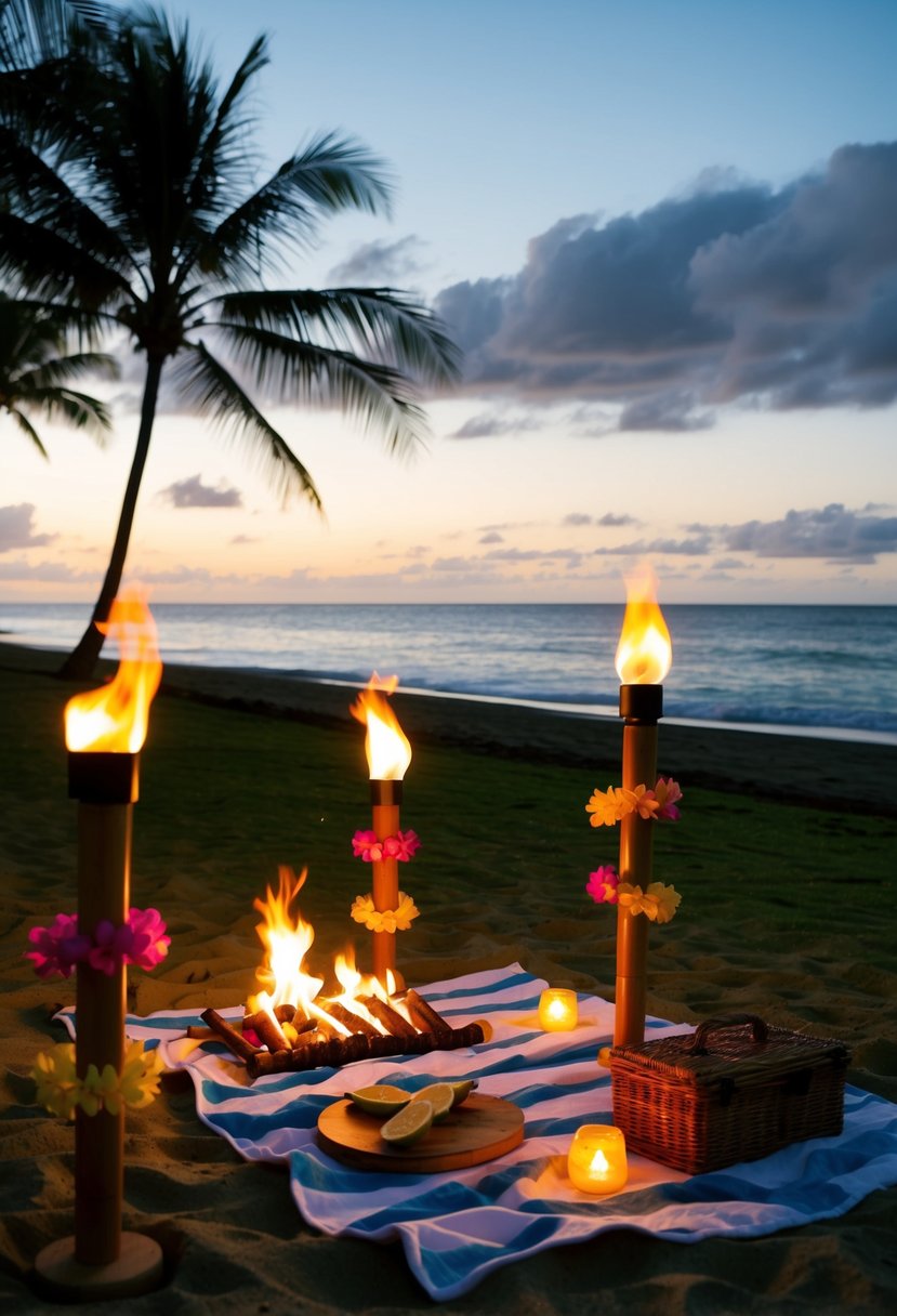 A sunset beach picnic with tiki torches and leis, overlooking the ocean and palm trees in Maui, Hawaii