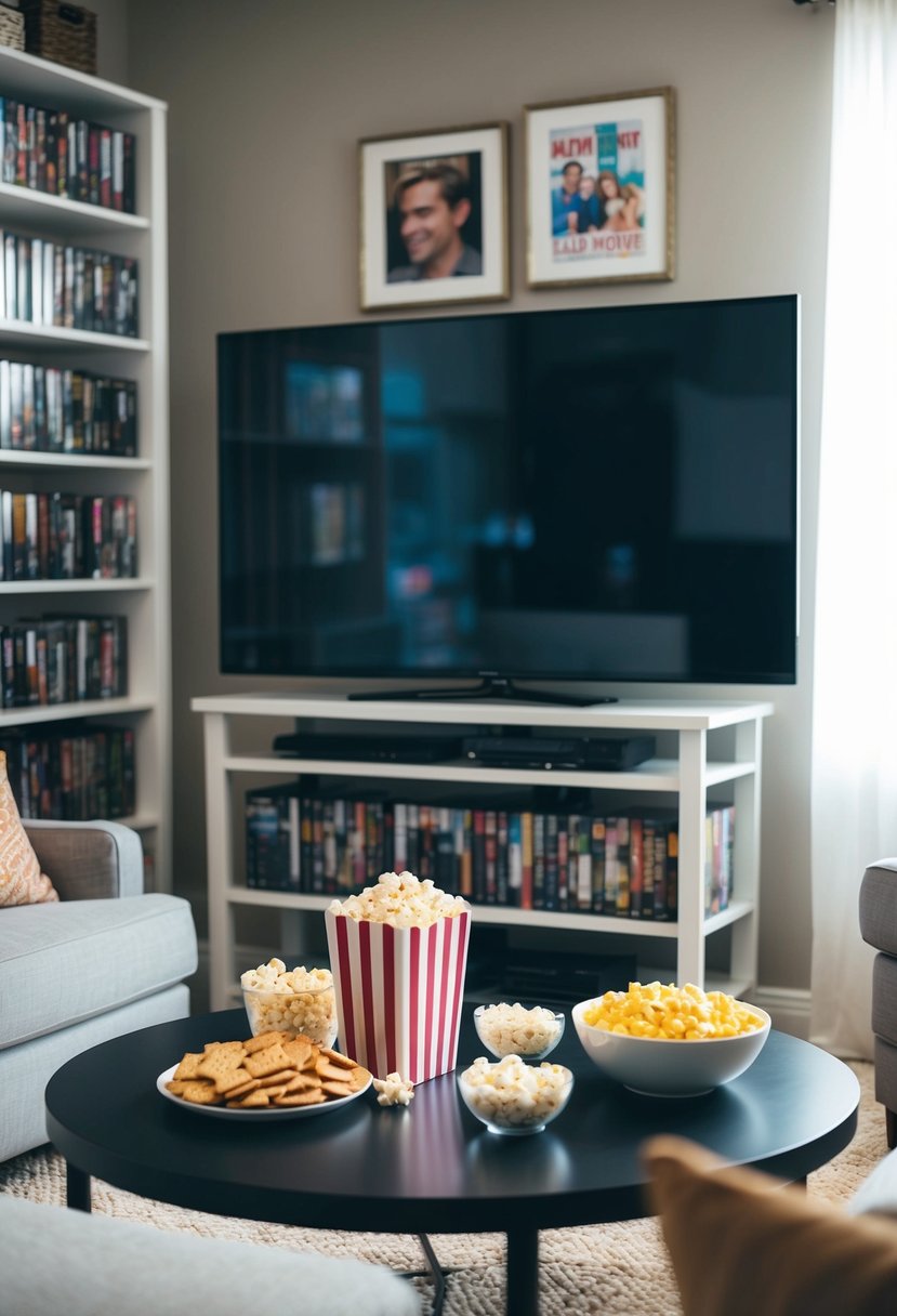 A cozy living room with a large screen TV, surrounded by shelves of classic movie DVDs, popcorn and snacks on the coffee table