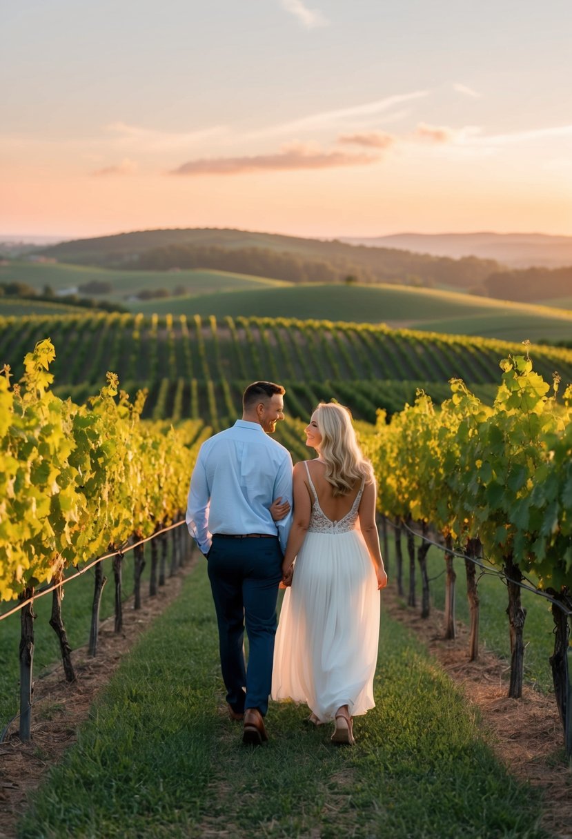 A couple strolling through a vineyard at sunset, with rolling hills and grapevines stretching into the distance