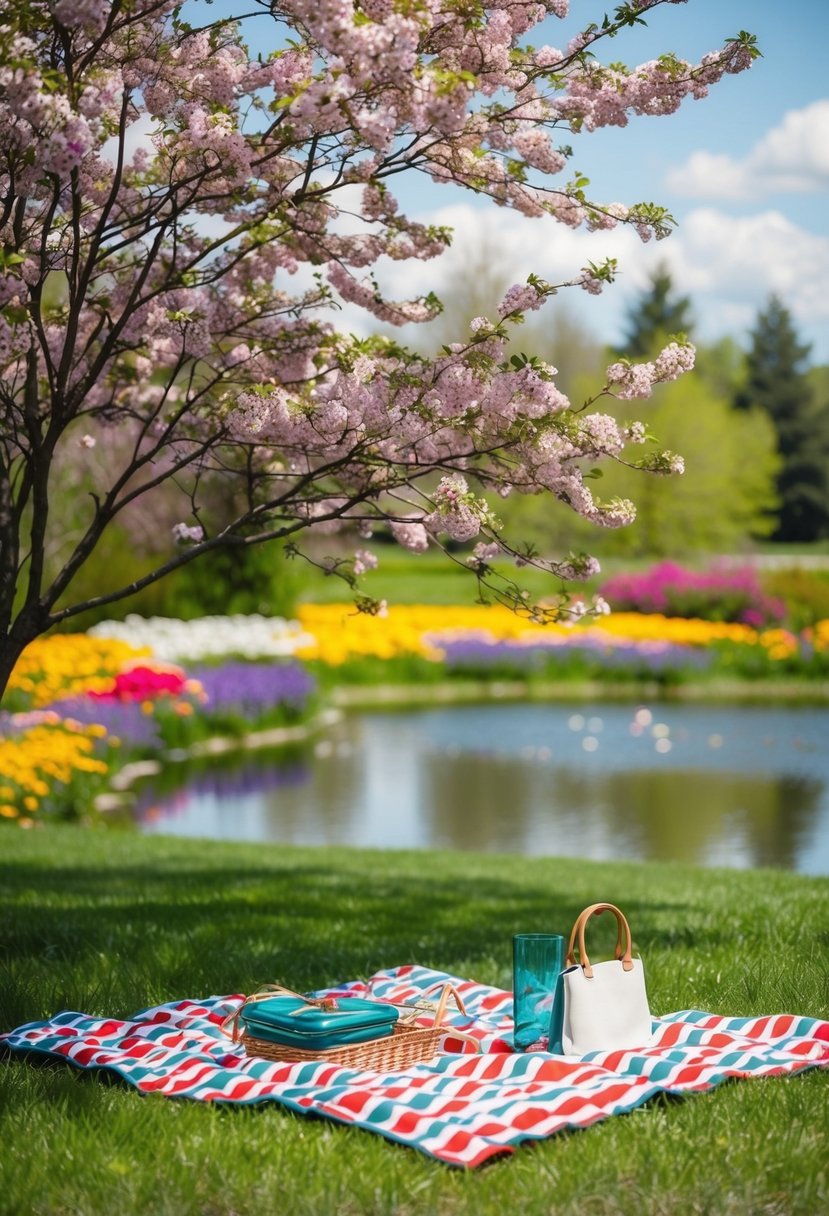 A picnic blanket spread under a blooming tree, surrounded by colorful flowers and a serene pond