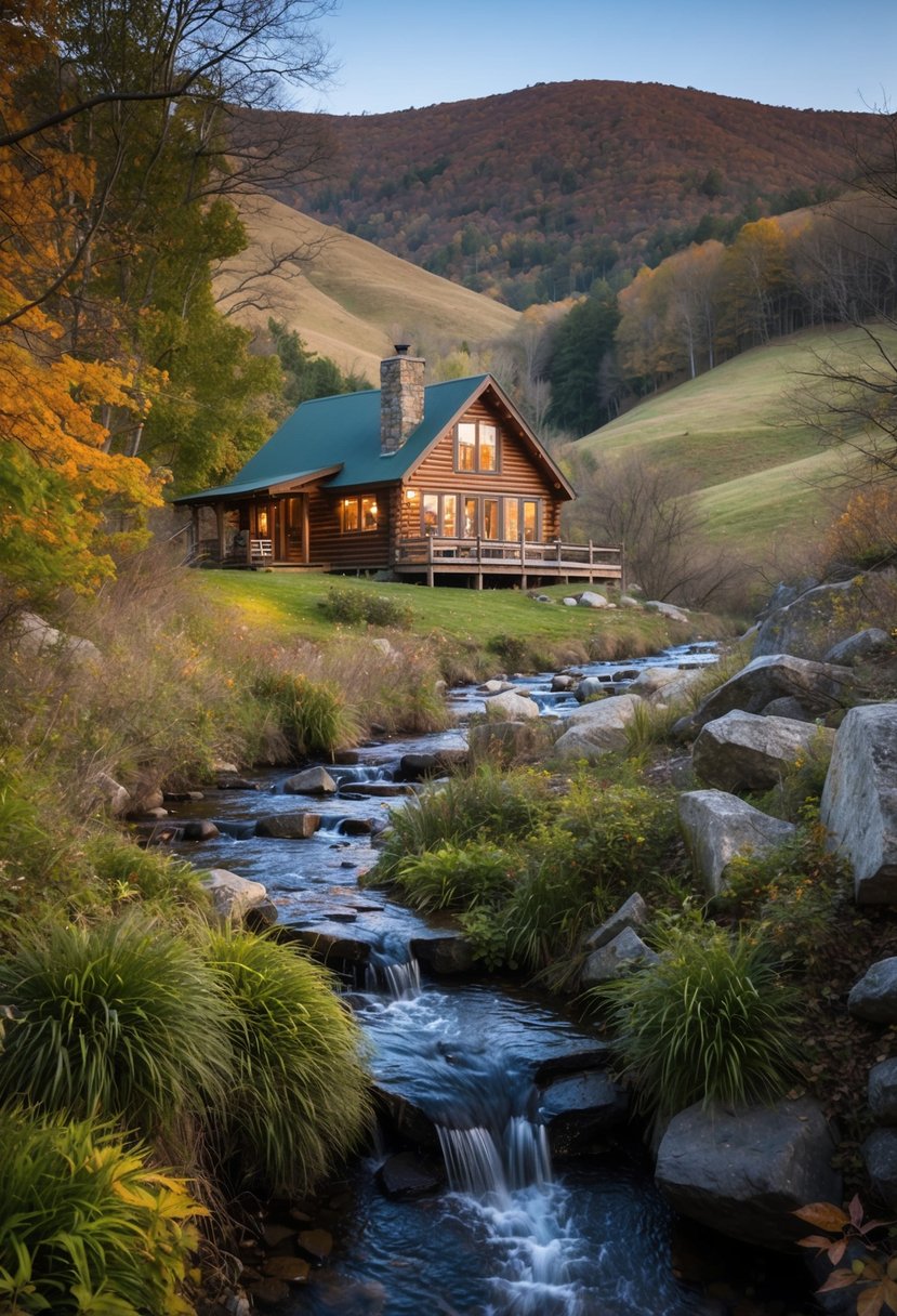 A cozy cabin nestled in the rolling hills of the Berkshires, with a bubbling stream and colorful foliage surrounding it